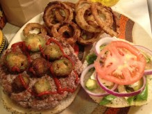 fried jalapeño burger, ring of fire burger, queens comfort, bleu cheese, avocado, buttermilk battered onion rings, baked onion rings