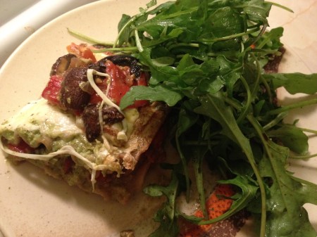 roasted vegetable lasagna, arugula salad, creamy pesto, vegetarian, pesto lasagna